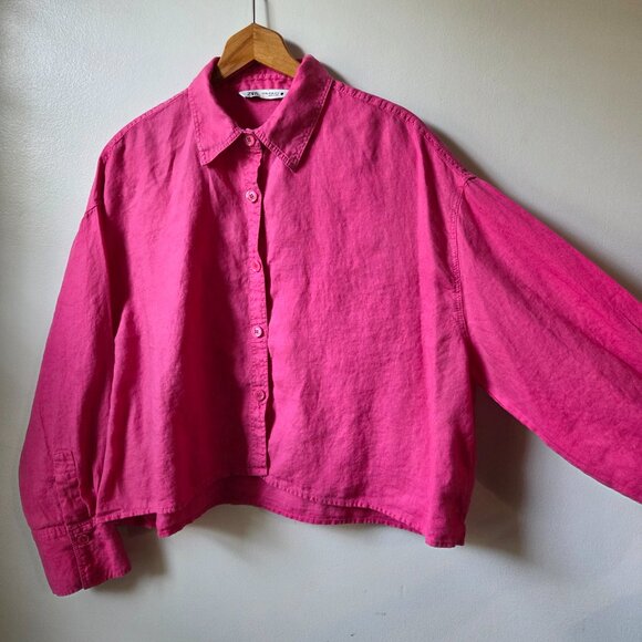 EUC ZARA PINK SEMI CROPPED BUTTON DOWN 100% LINEN SHIRT SIZE XXL WMN - Picture 3 of 16